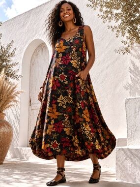 Organic Viscose Sleeveless Black Floral Boho Plus Size Relaxed Fit Dress 14-18